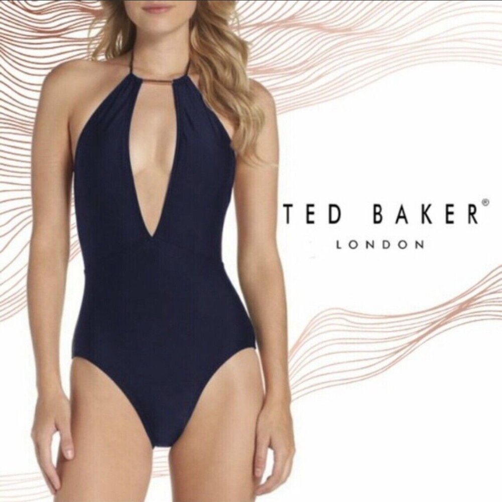 Ted Baker London Pikka halter one-piece swimsuit in navy blue size 4/10
